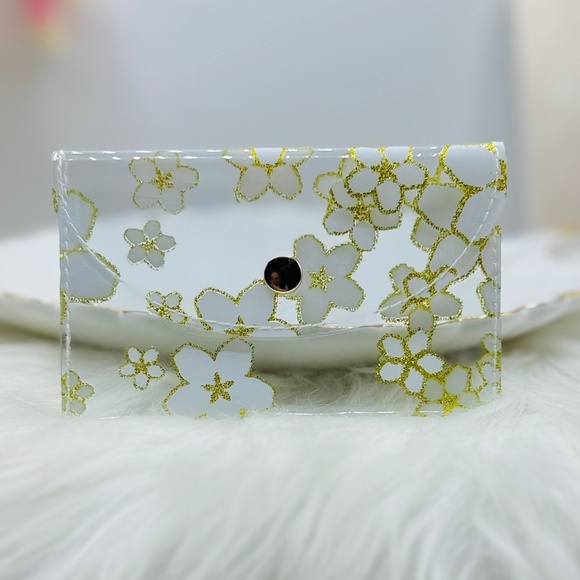Gold Glitter Floral Clear Card Case Wallet - Picture 1 of 6